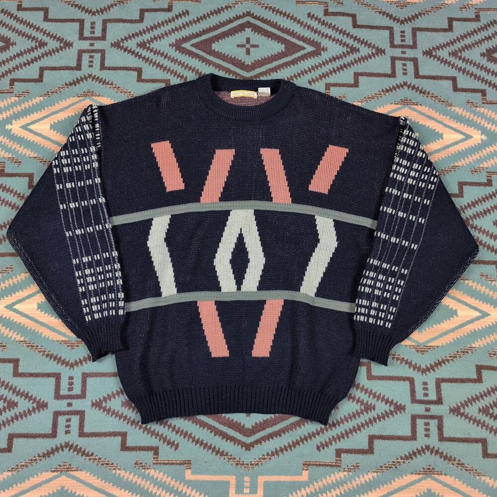Vintage Adam Sloane Knit Sweater Mens Large abstract geometric pattern Acrylic